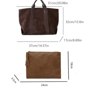 (2pcs) suede tote bag for women and Clutch Set Large Suede Tote Work Bag Handbag Tote Faux Suede Handbag Vintage Fall Bag (curry)