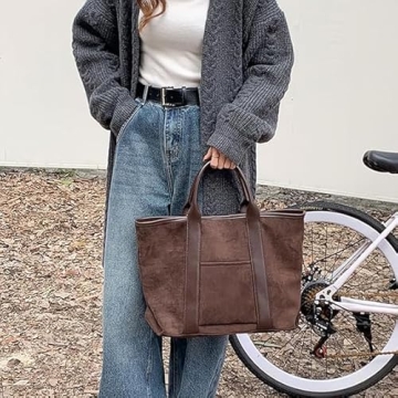 (2pcs) suede tote bag for women and Clutch Set Large Suede Tote Work Bag Handbag Tote Faux Suede Handbag Vintage Fall Bag (curry)