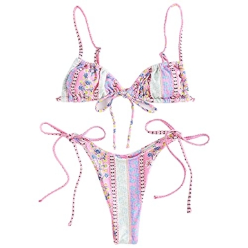 YODNBUK Womens High Cut Bandeau Leaf Floral Printed Spaghetti Straps Swimsuits Bikini Set Purple