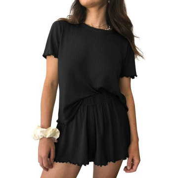 Ekouaer Women's Soft Ribbed Knit Pajamas Set - Summer Lounge Wear