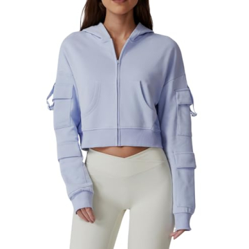 QINSEN Cropped Jacket for Women Long Sleeve Full Zip Cozy Sweatshirts with Cargo Pockets Sky Blue L