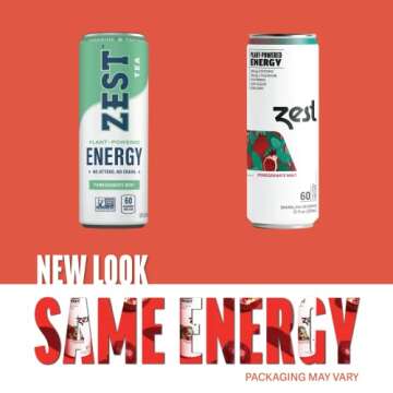Zest Plant Powered Natural Energy Sparkling Drink - Pomegranate Mint - 150mg Caffeine + 100 mg L-The...