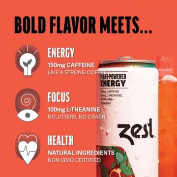 Zest Plant Powered Natural Energy Sparkling Drink - Pomegranate Mint - 150mg Caffeine + 100 mg L-Theanine - 12oz Can 12 Pack - Low Sugar, 60 Cals, Healthy Coffee Substitute, Non GMO High Caff Blend