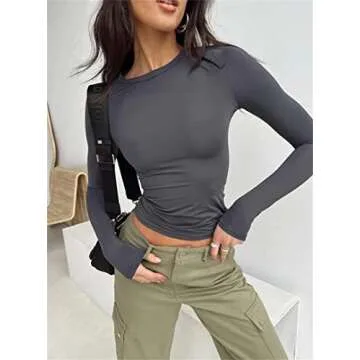 Hafailia Fitted Basic Long Sleeve Shirt Women - Skim Dupes Casual Y2K Long Sleeve Tops Crewneck Slim Fit Tshirt Tees Gray XS