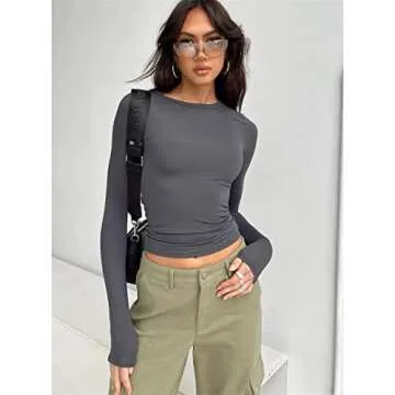 Hafailia Fitted Basic Long Sleeve Shirt Women - Skim Dupes Casual Y2K Long Sleeve Tops Crewneck Slim Fit Tshirt Tees Gray XS