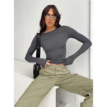 Hafailia Fitted Basic Long Sleeve Shirt Women - Skim Dupes Casual Y2K Long Sleeve Tops Crewneck Slim Fit Tshirt Tees Gray XS