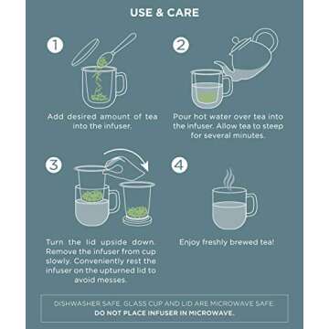 Teabloom Personal Tea Maker - Insulated Heatproof Glass Cup with Loose Tea Infuser and Lid/Coaster - Borosilicate Glass Infusion Mug (8 Oz)