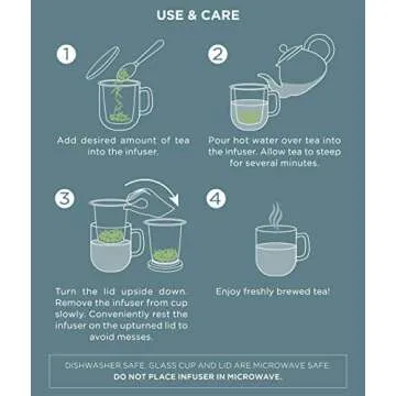 Teabloom Personal Tea Maker - Insulated Heatproof Glass Cup with Loose Tea Infuser and Lid/Coaster - Borosilicate Glass Infusion Mug (8 Oz)