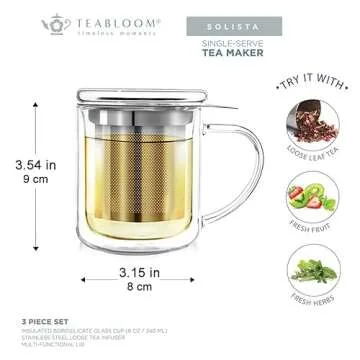 Teabloom Personal Tea Maker - Insulated Heatproof Glass Cup with Loose Tea Infuser and Lid/Coaster - Borosilicate Glass Infusion Mug (8 Oz)