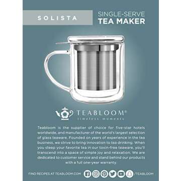 Teabloom Personal Tea Maker - Insulated Heatproof Glass Cup with Loose Tea Infuser and Lid/Coaster - Borosilicate Glass Infusion Mug (8 Oz)
