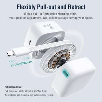 Retractable Wall Charger, 35W PD Fast Charger Block with Type C Retractable Cable (31.5 inch) and Ty...