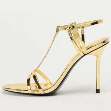 YIYA Women's Metallic Gold Open Round Toe Ankle Strappy Stiletto Kitten High Heels Sandals Party Dre...