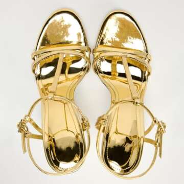 YIYA Women's Metallic Gold Open Round Toe Ankle Strappy Stiletto Kitten High Heels Sandals Party Dress Shoes