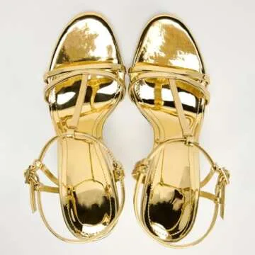 YIYA Women's Metallic Gold Open Round Toe Ankle Strappy Stiletto Kitten High Heels Sandals Party Dress Shoes