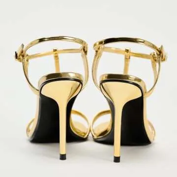 YIYA Women's Metallic Gold Open Round Toe Ankle Strappy Stiletto Kitten High Heels Sandals Party Dress Shoes