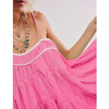 Gacaky Women's Summer Mini Dress Casual Loose Sleeveless Adjustable Straps Swing Mini Dress Pink Small