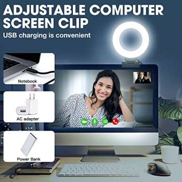 FDKOBE Webcam Lighting,Ring Light for Laptop/Computer,Zoom Call Lighting,4''Small Video Conference Lighting with Webcam Style Mount and Tripod,3 Light Modes&10 Brightness Levels,Selfie 3000k, 4inch
