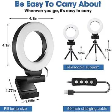 FDKOBE Webcam Lighting,Ring Light for Laptop/Computer,Zoom Call Lighting,4''Small Video Conference Lighting with Webcam Style Mount and Tripod,3 Light Modes&10 Brightness Levels,Selfie 3000k, 4inch