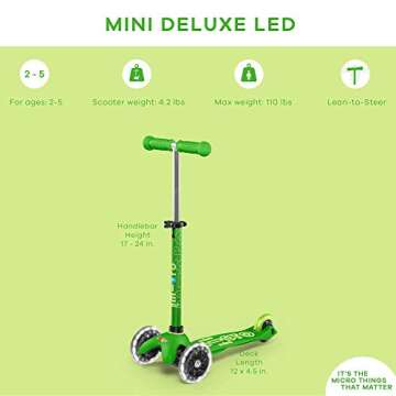 Micro Kickboard - Mini Deluxe LED - Three Wheeled, Lean-to-Steer Swiss-Designed Micro Scooter for Toddlers & Children with Motion-Activated Light-Up Wheels for Ages 2-5 (Green)