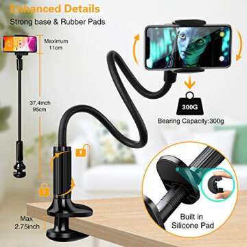 Gooseneck Phone Holder for Bed, Canjoy Long Arm Lazy Phone Holder Stand for Desk with Adjustable Mount Clip Bracket Clamp Compatible with iPhone SE 2 11 Pro Max, Samsung, Google, and 4-6.5 Inch Phones