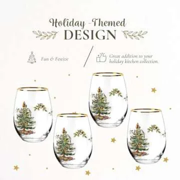 Spode Christmas Tree 19oz Stemless Wine Glasses, Set of 4 - Vintage-Inspired Holiday Drinkware with Cozy Seasonal Charm, Ideal for Mulled Wine at Festive Gatherings and Holiday Entertaining