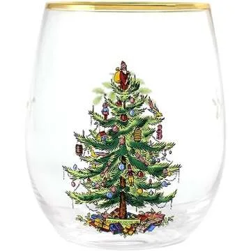 Spode Christmas Tree 19oz Stemless Wine Glasses, Set of 4 - Vintage-Inspired Holiday Drinkware with Cozy Seasonal Charm, Ideal for Mulled Wine at Festive Gatherings and Holiday Entertaining