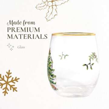 Spode Christmas Tree 19oz Stemless Wine Glasses, Set of 4 - Vintage-Inspired Holiday Drinkware with Cozy Seasonal Charm, Ideal for Mulled Wine at Festive Gatherings and Holiday Entertaining
