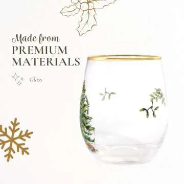 Spode Christmas Tree 19oz Stemless Wine Glasses, Set of 4 - Vintage-Inspired Holiday Drinkware with Cozy Seasonal Charm, Ideal for Mulled Wine at Festive Gatherings and Holiday Entertaining