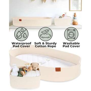Baby Changing Basket with Diaper Caddy - Beige Moses Basket for Babies - Cotton Rope Diaper Changing Basket - Baby Diaper Changing Pad for Dresser - Changing Table Topper for Dresser - Toodly