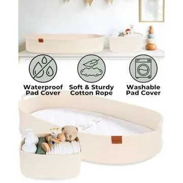 Baby Changing Basket with Diaper Caddy - Beige Moses Basket for Babies - Cotton Rope Diaper Changing Basket - Baby Diaper Changing Pad for Dresser - Changing Table Topper for Dresser - Toodly