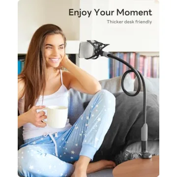 SAIJI Gooseneck Bed Phone Holder, Flexible Long Arm Phone Mount for Desk, Clip Bracket Clamp Stand, iPhone Stand, Mobile Cell Phone Stand Document Camera Nintendo Switch (Black)