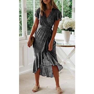 ZESICA Women's Bohemian Floral Printed Wrap V Neck Short Sleeve Split Beach Party Maxi Dress,Charcoa...