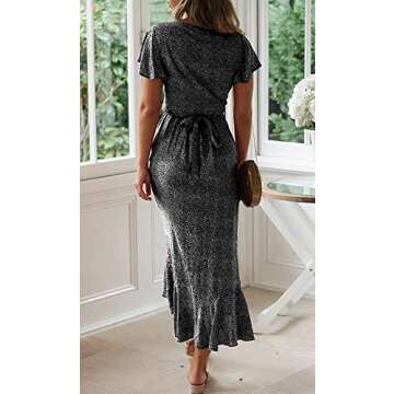 ZESICA Women's Bohemian Floral Printed Wrap V Neck Short Sleeve Split Beach Party Maxi Dress,Charcoal BlackFloral,Small