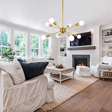 LynPon Gold Sputnik Light Fixture, 8 Lights Plating Golden Chandelier, Modern Dining Room Ceiling Lights Brass Hanging Light Fixtures for Kitchen Living Room Bedroom Entryway Foyer