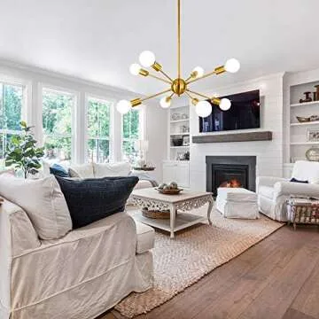 LynPon Gold Sputnik Light Fixture, 8 Lights Plating Golden Chandelier, Modern Dining Room Ceiling Lights Brass Hanging Light Fixtures for Kitchen Living Room Bedroom Entryway Foyer