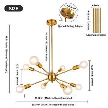 LynPon Gold Sputnik Light Fixture, 8 Lights Plating Golden Chandelier, Modern Dining Room Ceiling Lights Brass Hanging Light Fixtures for Kitchen Living Room Bedroom Entryway Foyer