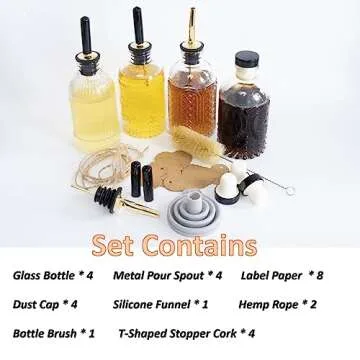 Oudizz 4 pcs Glass Coffee Syrup Dispenser,7oz Simple Glass Syrup Bottle Set,Coffee Bar Accessories with Metal Pour Spout Ideal and labels for Coffee Syrups,Coffee bar