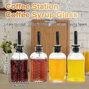 Oudizz 4 pcs Glass Coffee Syrup Dispenser,7oz Simple Glass Syrup Bottle Set,Coffee Bar Accessories with Metal Pour Spout Ideal and labels for Coffee Syrups,Coffee bar