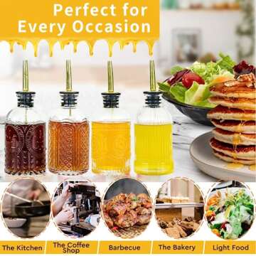 Oudizz 4 pcs Glass Coffee Syrup Dispenser,7oz Simple Glass Syrup Bottle Set,Coffee Bar Accessories with Metal Pour Spout Ideal and labels for Coffee Syrups,Coffee bar