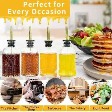 Oudizz 4 pcs Glass Coffee Syrup Dispenser,7oz Simple Glass Syrup Bottle Set,Coffee Bar Accessories with Metal Pour Spout Ideal and labels for Coffee Syrups,Coffee bar