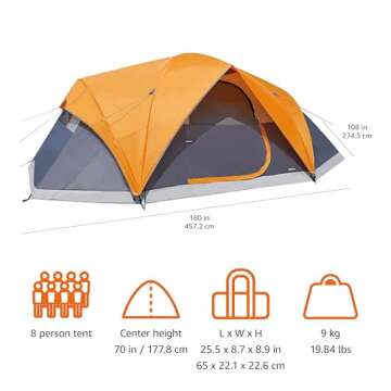 Amazon Basics Dome Camping Tent, 8 Person, Orange/Grey
