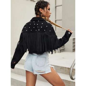 VGHUYEVOGERE Jackets for Women - Studded Tassel Trim Raw Hem Denim Jacket (Color : Black, Size : X-Small)