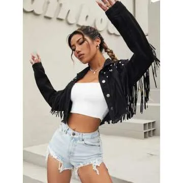 VGHUYEVOGERE Jackets for Women - Studded Tassel Trim Raw Hem Denim Jacket (Color : Black, Size : X-Small)