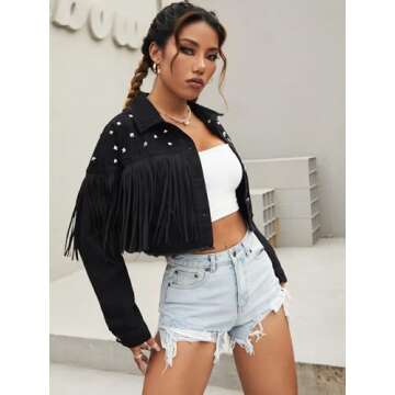 VGHUYEVOGERE Jackets for Women - Studded Tassel Trim Raw Hem Denim Jacket (Color : Black, Size : X-Small)