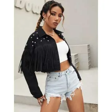 VGHUYEVOGERE Jackets for Women - Studded Tassel Trim Raw Hem Denim Jacket (Color : Black, Size : X-Small)