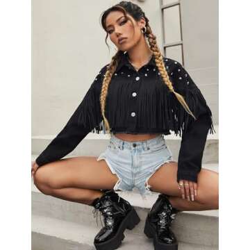 VGHUYEVOGERE Jackets for Women - Studded Tassel Trim Raw Hem Denim Jacket (Color : Black, Size : X-Small)