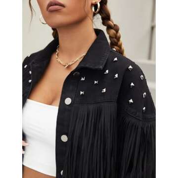 VGHUYEVOGERE Jackets for Women - Studded Tassel Trim Raw Hem Denim Jacket (Color : Black, Size : X-Small)
