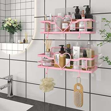 FLCITY Shower Caddy with 4 Hooks, 2pcs No Drilling Self Adhesive Shower Organizer Shelf, Stainless Steel Shower Shelf, Rustproof Shower Rack for Bathroom Kitchen Storage（Sweet Heart,Pink）