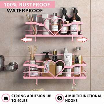 FLCITY Shower Caddy with 4 Hooks, 2pcs No Drilling Self Adhesive Shower Organizer Shelf, Stainless Steel Shower Shelf, Rustproof Shower Rack for Bathroom Kitchen Storage（Sweet Heart,Pink）