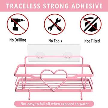 FLCITY Shower Caddy with 4 Hooks, 2pcs No Drilling Self Adhesive Shower Organizer Shelf, Stainless Steel Shower Shelf, Rustproof Shower Rack for Bathroom Kitchen Storage（Sweet Heart,Pink）